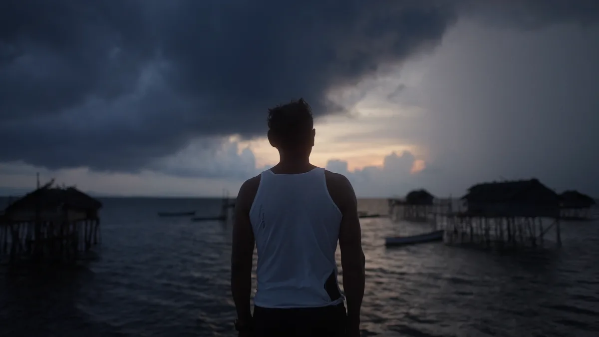 Banc de poissons dense vu en contre-plongée sous un village bajau sur pilotis écosystème marin Indonésie